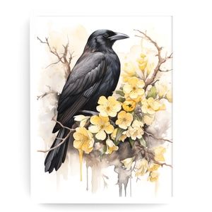 Watercolor Floral Crow Raven Wall Art Illustration Print Poster Card Unframed